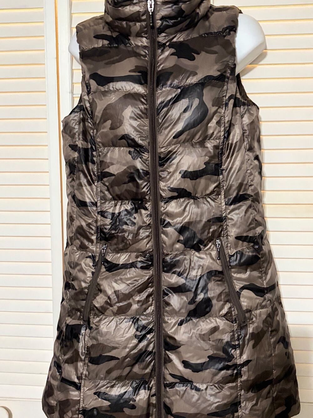 L Atelier Camo Down Puffer Vest Womens M Brown Lightweight Long Zip